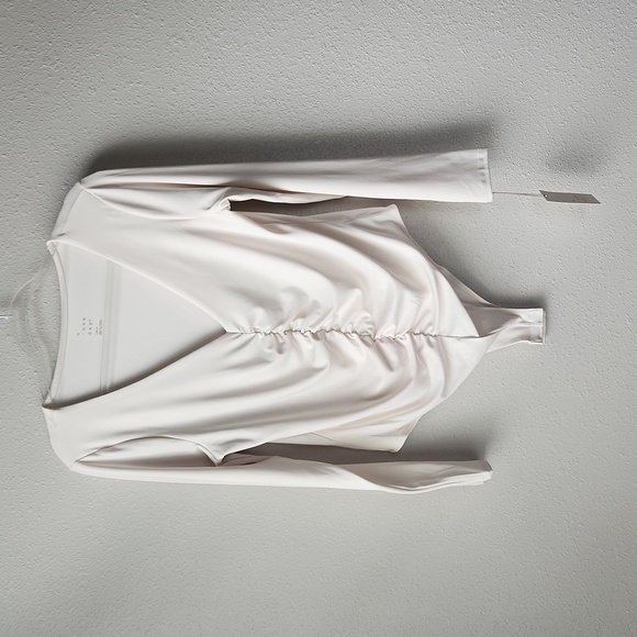 A NEW DAY  Long Sleeve V-Neck Ruched Front Beige Bodysuit - Picture 1 of 10